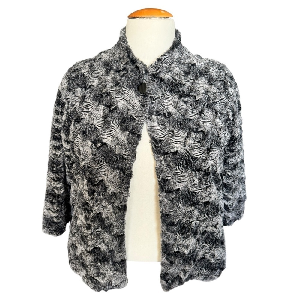 Alfred Dunner Petite 14P Black Gray Textured Faux Fur Jacket Lined Vintage Glam